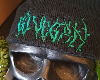 Vegan Beanie Embroidered Cap Hat Black Veganism "Go Vegan" Vines text Artivism Activism Warm Cuffed Clothing Apparel Winter Green Goth