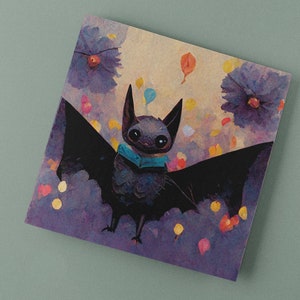 Jolie carte d'anniversaire chauve-souris gothique gothique violet ballons Batty Love carte de voeux sorcière Halloween Halloween carré peinture douce fête Spoopy