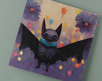 Cute Bat Birthday Card Goth Gothic Purple Balloons Batty Love Greetings Card Witchy Halloween Hallowe'en Square Painting Sweet Party Spoopy