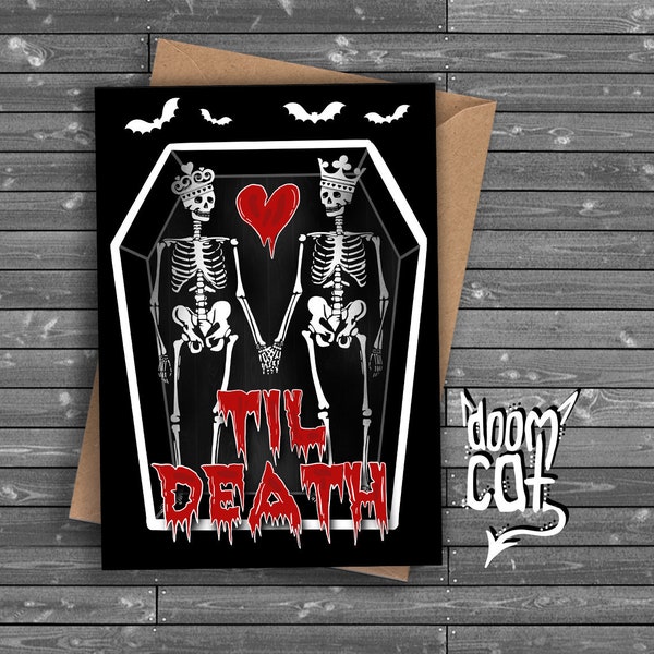 Carte de mariage gothique Crânes Squelettes Anniversaire « Jusqu’à la mort » Jusqu’à la mort Horreur effrayante Goth Coffin Bats Noir Personnalisé Mariage Fiançailles Amour