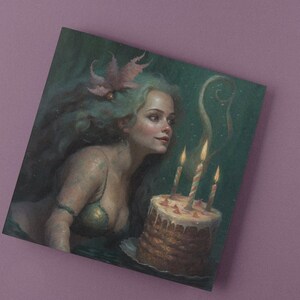 Biglietto d'auguri a forma di sirena Biglietto d'auguri quadrato piuttosto verde Biglietto d'auguri Torta di compleanno Acqua Oceano Mare Fiore Arte digitale Pittura a olio