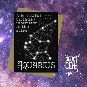 Aquarius Carte d’anniversaire Gothique Gothique Doom Chat Sphynx Space Stars Witchy Carte de vœux Happy Black Custom Star Sign Personnalisé Zodiac Doom