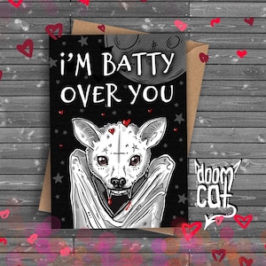 Nietoperz Walentynkowa Karta Gotyckie Walentynki Kocham Cię "Batty Over You" Owocowy Nietoperz Wampirzy Nietoperz Karta Pozdrowienia Straszna Sztuka Wiedźmia Gotycki Rocznica
