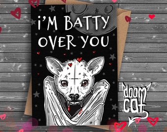Chauve-souris Carte Saint-Valentin Goth Saint-Valentin Je t’aime « Batty Over You » Fruit Bat Vampire Bat Salutations Carte Spooky Art Sorcière Gothique Anniversaire