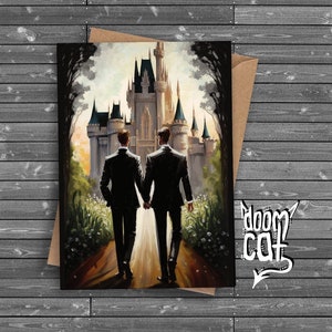 Gay trouwkaart verloving huwelijk homo mannen twee bruidegoms LGBTQ gotisch kasteel goth gefeliciteerd magie digitale kunst olieverfschilderij magisch