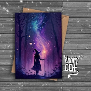 Hexen Karte leer oder benutzerdefinierte Nachricht Witchy Magie magisch lila Geburtstag süß süß Malerei Kunst Wald Gothic gut gemacht Glückwunsch GGs neuer Job
