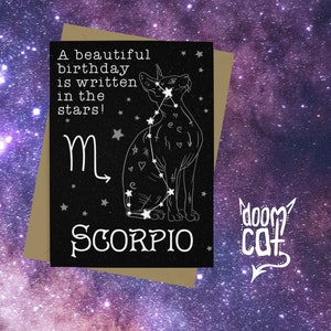 Carte d’anniversaire Scorpion Gothique Gothique Doom Chat Sphynx Space Stars Witchy Carte de vœux Happy Black Custom Star Sign Zodiac Personnalisé Doom