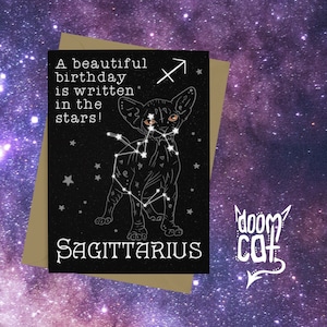 Schütze Geburtstagskarte Goth Gothic Doom Katze Sphynx Space Stars Witchy Greetings Karte Happy Black Personalisierte Sternzeichen