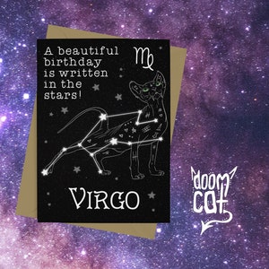 Jungfrau Geburtstagskarte Goth Gothic Doom Katze Sphynx Space Stars Witchy Greetings Karte Happy Black Personalisierte Sternzeichen Doom Katze