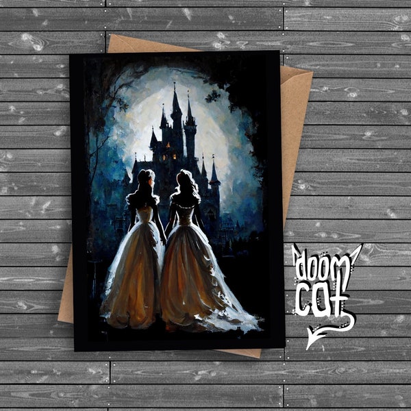 Lesbian Wedding Card Engagement Marriage Gay Women Brides LGBTQ gothic castle spooky goth congratulations magic digital art