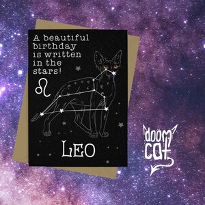 Cartão de aniversário de Leo, gótico, gótico, gato doom, sphynx, estrelas espaciais, bruxa, cartão de felicitações, feliz, preto, signo personalizado, zodíaco, gato doom
