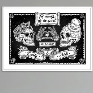 Personalised Wedding Gift Skulls Til Death A5 A4 Print Gothic Skulls Anniversary Gift Gay Lesbian Bride Groom Brides Grooms Custom Birthday