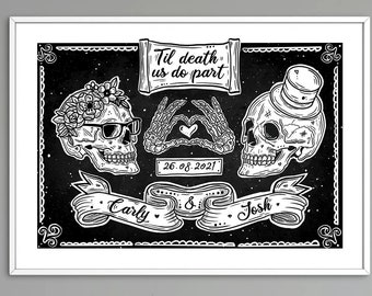 Personalised Wedding Gift Skulls Til Death A5 A4 Print Gothic Skulls Anniversary Gift Gay Lesbian Bride Groom Brides Grooms Custom Birthday