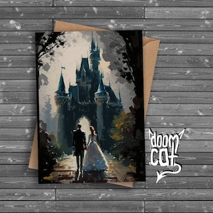 Magisch kasteel trouwkaart verloving huwelijk bruid bruidegom gotisch kasteel spookachtig goth gefeliciteerd magie digitale kunst olieverfschilderij op maat