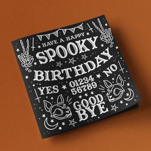 Carte d'anniversaire gothique « Passez un joyeux anniversaire effrayant » Salutations personnalisées, voeux de chat gothique noir personnalisé Ouija Spirit Board Chats d'Halloween