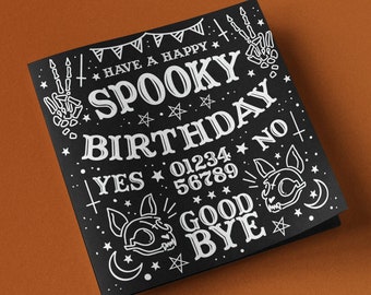 Goth Birthday Card  "Have A Happy Spooky Birthday" Custom Greetings Greeting Black Gothic Cat Personalised Ouija Spirit Board Halloween Cats