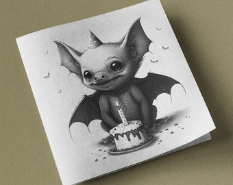 Bat Birthday Card Goth Gothic Digital Art Sketch Cute Dark Cute Batty Greetings Card Celebration Cake Candle Square Custom Personalised