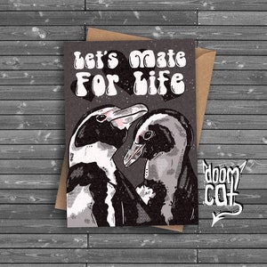 Pingouin Saint-Valentin Anniversaire Drôle Carte de vœux Pingouins « Let’s Mate for Life » gris noir blanc doux goth animal lgbt anniversaire