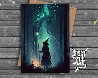 Witchy Greetings Card Forest Witch Woodland Nature Magic Stars Birthday Well Done Congratulations Dark Goth Gothic Thank You Card Art