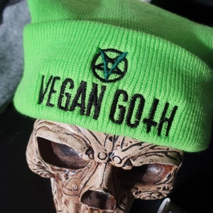 Vegan Beanie Embroidered Cap Hat Bright Lime Green Veganism &quot;Vegan Goth&quot; Grey Artivism Activism Warm Cuffed Clothing Apparel Winter Goth