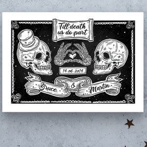 Personalised Wedding Skulls Gift A2 Print Til Death Gothic Skulls Anniversary, Gay, Lesbian Bride Groom Brides Grooms Custom Birthday Goth