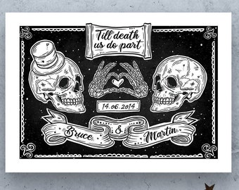 Personalised Wedding Skulls Gift A2 Print Til Death Gothic Skulls Anniversary, Gay, Lesbian Bride Groom Brides Grooms Custom Birthday Goth