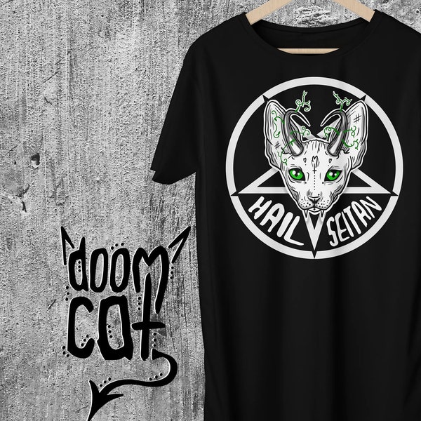Black Vegan TShirt Cat Top Goth Shirt "Hail Seitan" Goth Tee - Gothic Tee - Cat Black Tee Black T Shirt - Vegan Tshirt Lover Gift Plus size