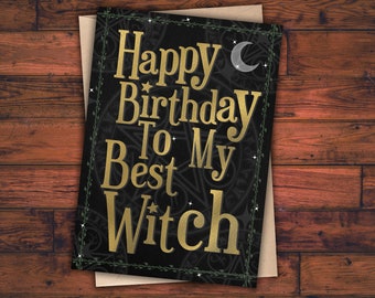 Cartão de aniversário de bruxa gótico personalizado saudações feliz preto gótico personalizado lua dourada bruxa pagão oculto wicca sua própria mensagem futuro assustador