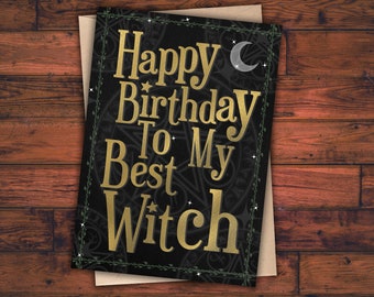 Witchy Birthday Card Goth Custom Greetings Happy Black Gothic Personalised Moon Gold Witch Pagan Occult Wicca Your Own Message Future Spooky