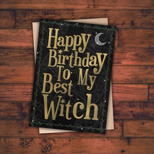 Witchy Geburtstagskarte Goth Benutzerdefinierte Grüße Glückliche schwarze Gotik personalisierte Mond-Gold-Hexe Pagan Ockult Wicca Ihre eigene Nachricht Zukunft Spooky