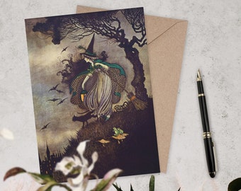 Cartão de bruxa bruxa assustador gatos morcegos coruja companheiros kelpie cartões mágica ilustração de halloween mensagem personalizada personalizar personalizado