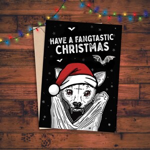 Nietoperzowa kartka świąteczna Goth Have a Fangtastic Christmas Funny Gothic Holiday Greeting Greetings Batty Custom Personalize Wysłane do nich Doom Cat