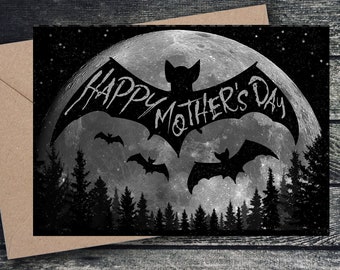 Bat Happy Mother's Day Card Goth Greetings Custom Personalised Victoriana Script Black Gothic Witch Mum Mom Mommy Mama Mamma Batty Moon Bats