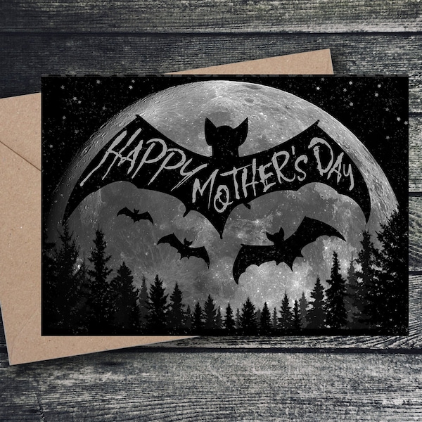 Bat Happy Mother's Day Card Goth Greetings Custom Personalised Victoriana Script Black Gothic Witch Mum Mom Mommy Mama Mamma Batty Moon Bats