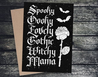 Goth Mother's Day Card "Spooky Oooky Lovely Gothic Witchy Mama" Greetings Custom Personalised Victoriana Witch Mom Mommy Mum Mummy Rose Bat