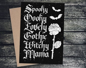 Cartão de Dia das Mães Gótico "Assustador Oooky Adorável Gótico Bruxo Mama" Saudações Personalizadas Personalizadas Bruxa Vitoriana Mãe Mamãe Mamãe Rosa Morcego