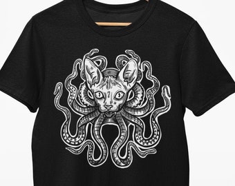 Cat of Cthulhu Goth Tshirt Gothic Tee Cat Black Tshirt T Shirt Vegan Cat T Shirt - Black Top Goth Sphynx Hairless Cathulu Kraken Sea Monster
