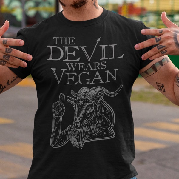 Vegan Tshirt Black Tee The Devil Wears Goth Pun T Shirt Grey Gray Baphomet Satan Satanic Seitan Veganism Gothic Witchy Witch Occult Pagan