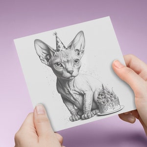 Carte d'anniversaire chat Sphynx Gothique Art numérique gothique croquis mignon carte de voeux sombre mignon gâteau de célébration chaton carré personnalisé personnalisé