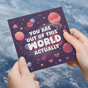 Vous êtes hors de ce monde Carte de Saint-Valentin Salutations Anniversaire Saint-Valentin Amour Coeurs Espace Planètes Lune Violet Rose Love Be Mine