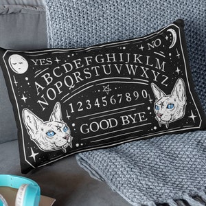 Goth Decor Ouija Spirit Board Gothic Home Decor Throw Pillow Cushion Black Cat Lover Gift Witchy Witch Soft Cosy Kitty Kitten Black Doom Cat image 2