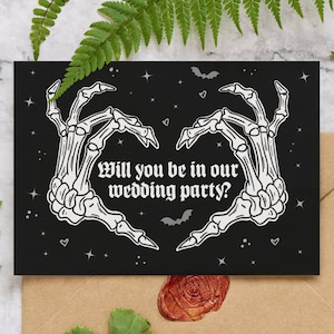 Ben jij aanwezig op ons huwelijksfeest? Gothic bruiloft uitnodigen wenskaart Goth bruiloft schedel vleermuizen sterren Spooky zwarte bruidsmeisje non-binaire NB