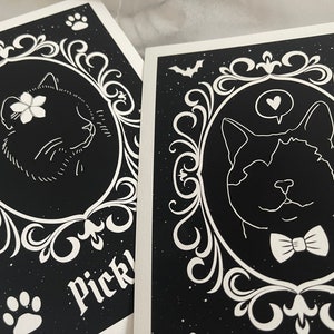 Pet Portrait Cat Drawing Personalised Custom Print Gothic Wall Art Goth Decor Birthday Card Cats Kitten Kitties Pets Black White Line Art