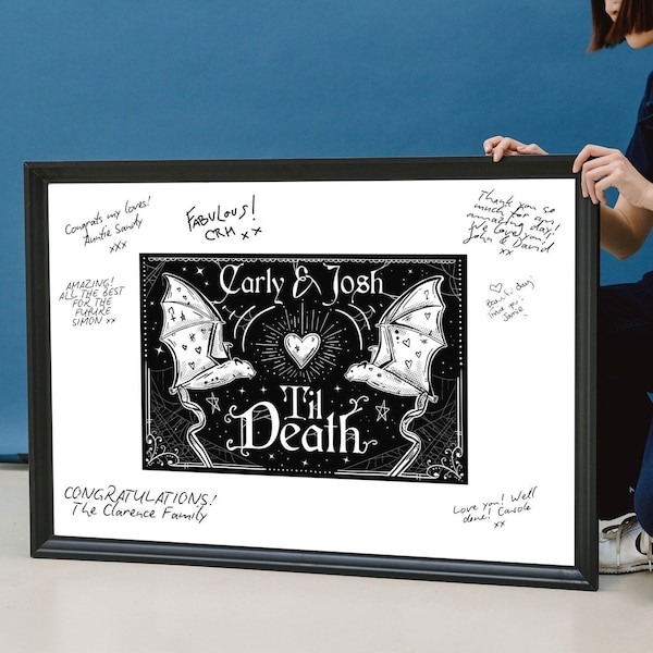 Gothic Wedding Guestbook Personalised Gift Bats Til Death Art Print Goth Bat Gay Lesbian Bride Groom Brides Grooms Guest Book Customised