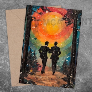 Gay Hochzeit Karte Verlobung Ehe schwule Männer zwei Bräutigam Regenbogen Sonne Wald LGBTQ Gratulation Magie digital Collage Kunst Jahrestag