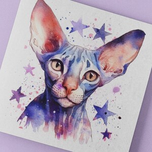 Sphynx chat carte vierge aquarelle anniversaire gothique gothique violet étoiles sphinx magique chaton salutations sorcière Halloween Halloween peinture art