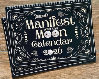 2026 Witchy Moon Calendar A4 Manifest with the Moon Goth Lunar Phases Black Gold Planner Diary Manifesting Power Magic Witch Pagan Wicca Art