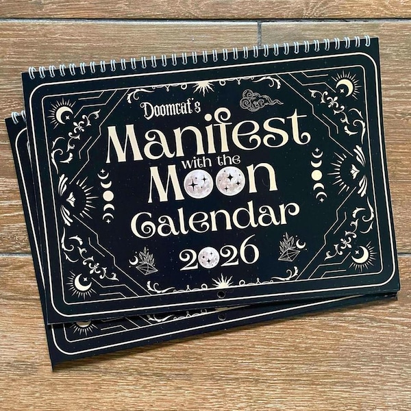 2026 Witchy Moon Calendar A4 Manifest with the Moon Goth Lunar Phases Black Gold Planner Diary Manifesting Power Magic Witch Pagan Wicca Art