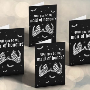 Will You Be My Maid of Honour Honor Man Gothic Bride Invite Greetings Card Goth Wedding Skull Gay Skeleton Black Custom Bridesmaid Gothic