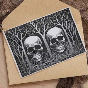 Crânes Goth Carte d’anniversaire de mariage Dark Art Plantes forestières Illustration effrayante Skully Design Goth Black Love Horreur romantique Witchy Linogravure